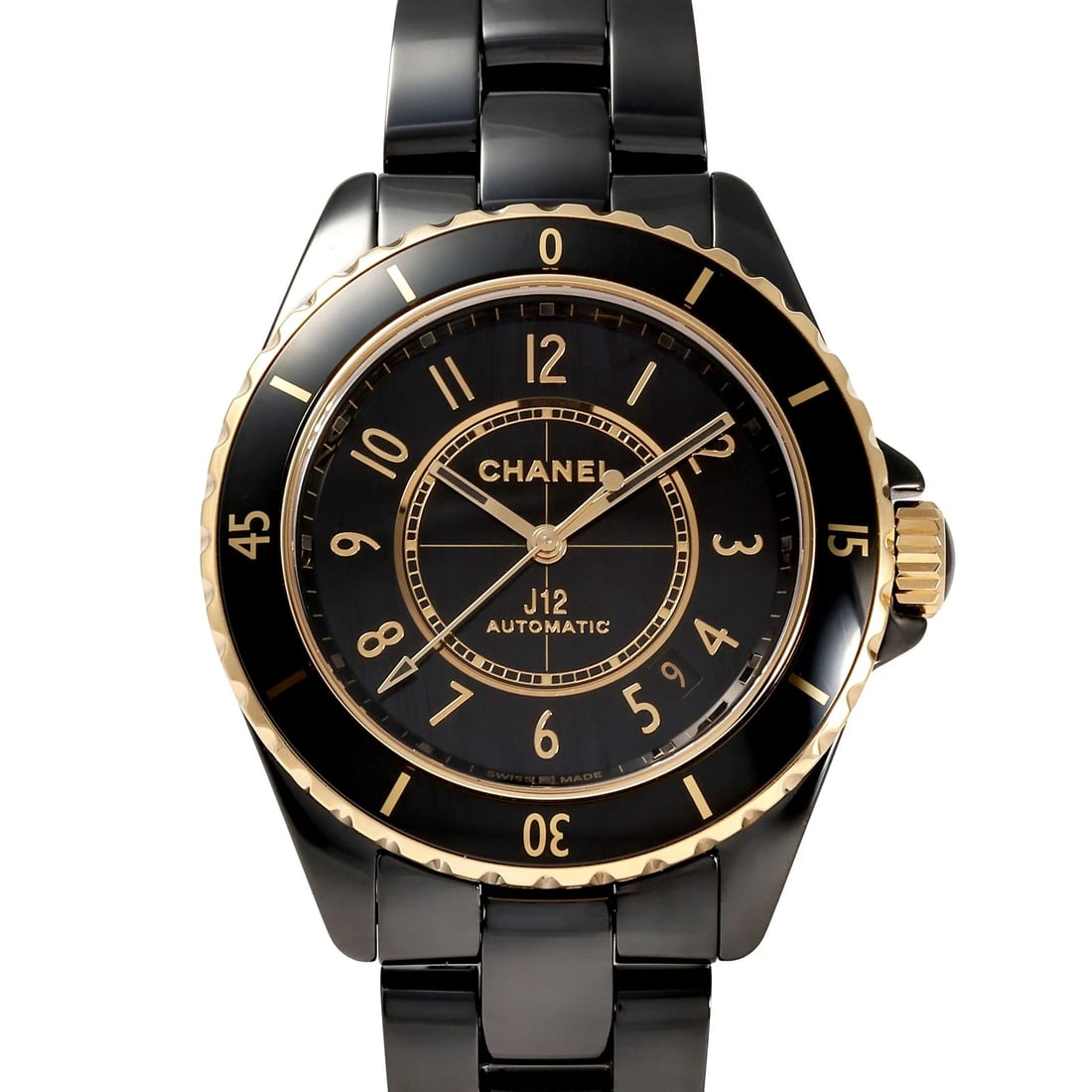 CHANEL CALIBER BLACK/ARABIC DIAL WATCH: CHANEL Caliber black/arabic Dial Watch Brand: CHANEL Type: Wristwatch Material: ceramic K18 yellow gold ceramic Color: Dial color black/arabic Size: Bracelet size: 18.0cm Case size: 38.0mm Accesso