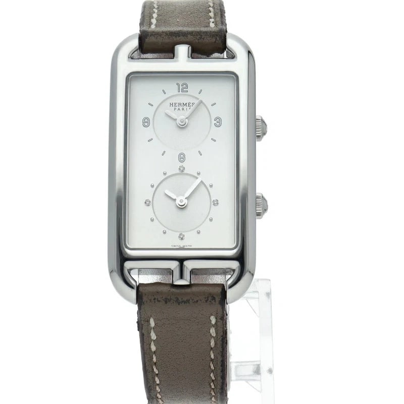 HERMES NANTUCKET GM DUAL TIME 4P DIAMOND WATCH: Hermes Nantucket GM Dual Time 4P Diamond Watch Brand: HERMES Type: Wristwatch Material: SS/Leather Color: Dial color silver Size: Case diameter (H) approx. 32.5mm Case diameter (W) approx. 22mm Ac