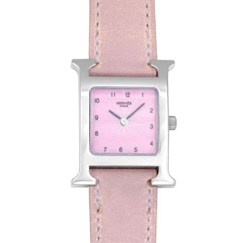 HERMES H WATCH PURPLE DIAL SS LEATHER QUARTZ WATCH: HERMES H Watch Purple Dial SS Leather Quartz Watch Brand: HERMES Type: Wristwatch Material: stainless steel Color: Dial color purple Size: 30mm x 21mm Accessories: None Accessories Notice: When