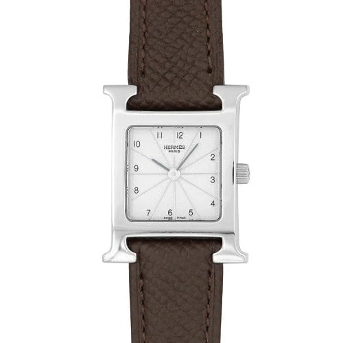 HERMES H WATCH QUARTZ SILVER DIAL LEATHER WATCH: HERMES H Watch Quartz Silver Dial Leather Watch Brand: HERMES Type: Wristwatch Material: SS/Leather Color: Dial color silver Size: 30mm x 21mm Accessories: None Accessories Notice: When pu