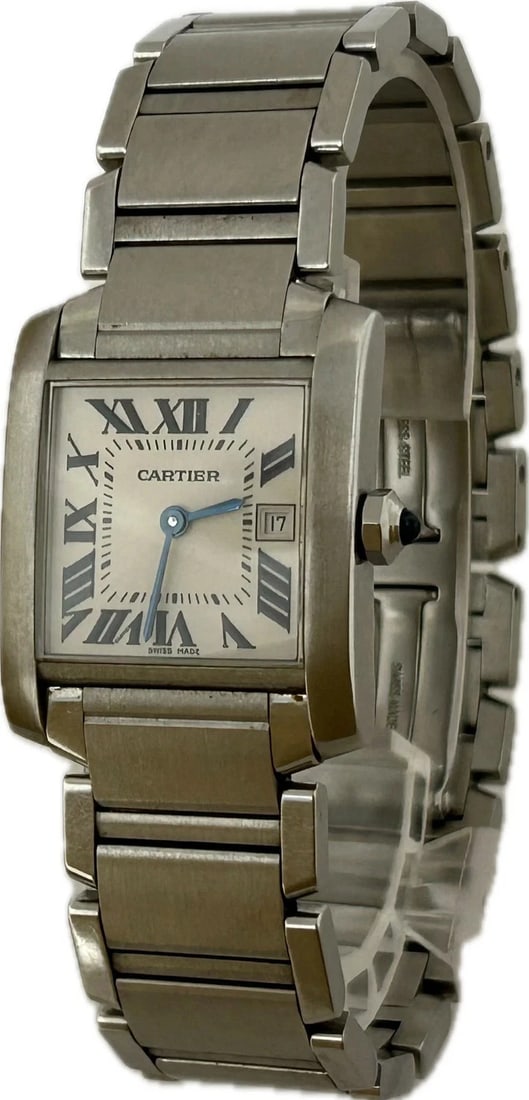 CARTIER TANK FRANCAISE MM QUARTZ UNISEX WATCH: Cartier Tank Francaise MM Quartz Unisex Watch Brand: Cartier Type: Wristwatch Material: stainless steel Color: Dial color ivory Size: Case (w) 25mmArm circumference approx. 18.5cm Accessories: Non