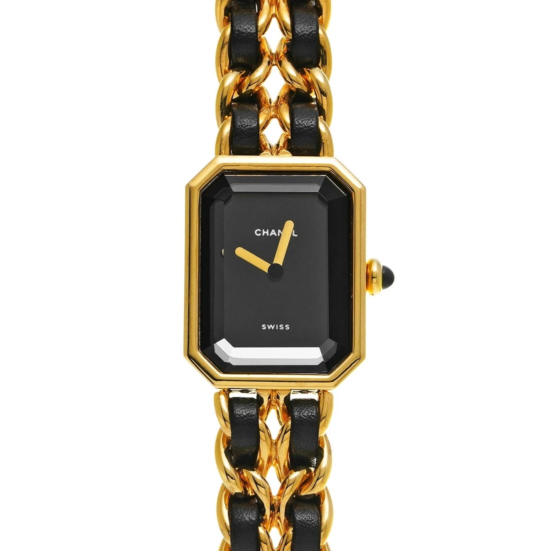 CHANEL PREMIERE S QUARTZ BLACK WATCH: CHANEL Premiere S Quartz Black Watch Brand: CHANEL Type: Wristwatch Material: [Case] Yellow gold plated [Belt] Yellow gold plated / leather / black Color: Dial color black Size: Case length/approx.