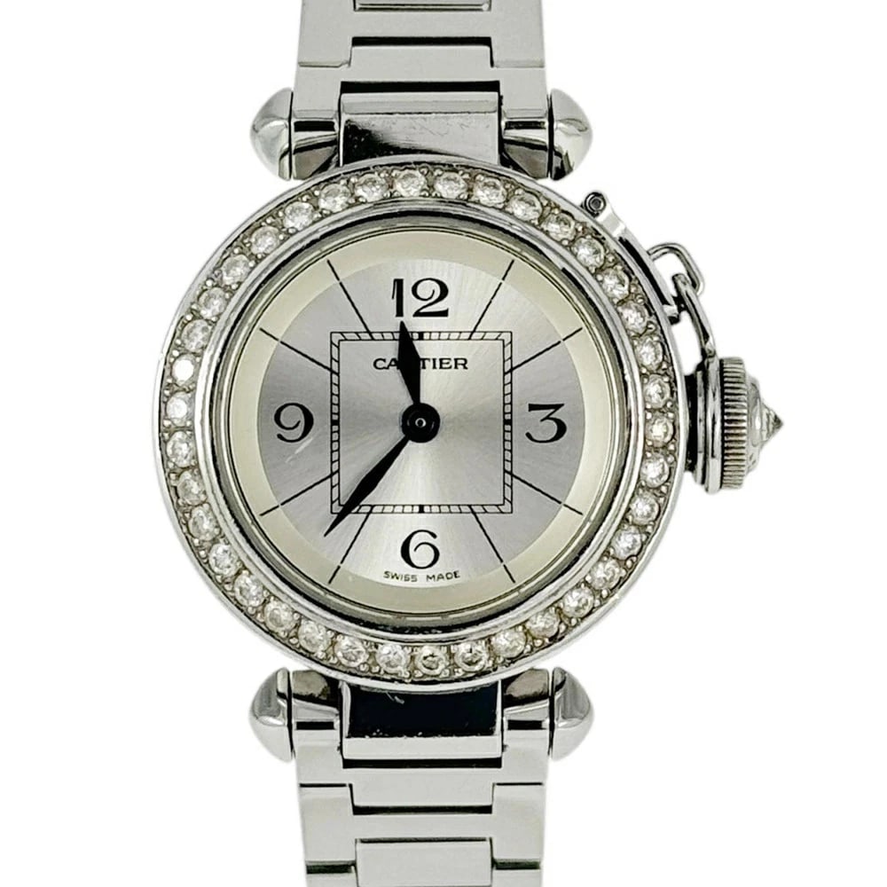 CARTIER MISS PASHA QUARTZ SILVER DIAL DIAMOND BEZEL WATCH: Cartier Miss Pasha Quartz Silver Dial Diamond Bezel Watch Brand: Cartier Type: Wristwatch Material: stainless steel Color: Dial color silver Size: Case width: Approx. 27.0mm (excluding crown) *Arm