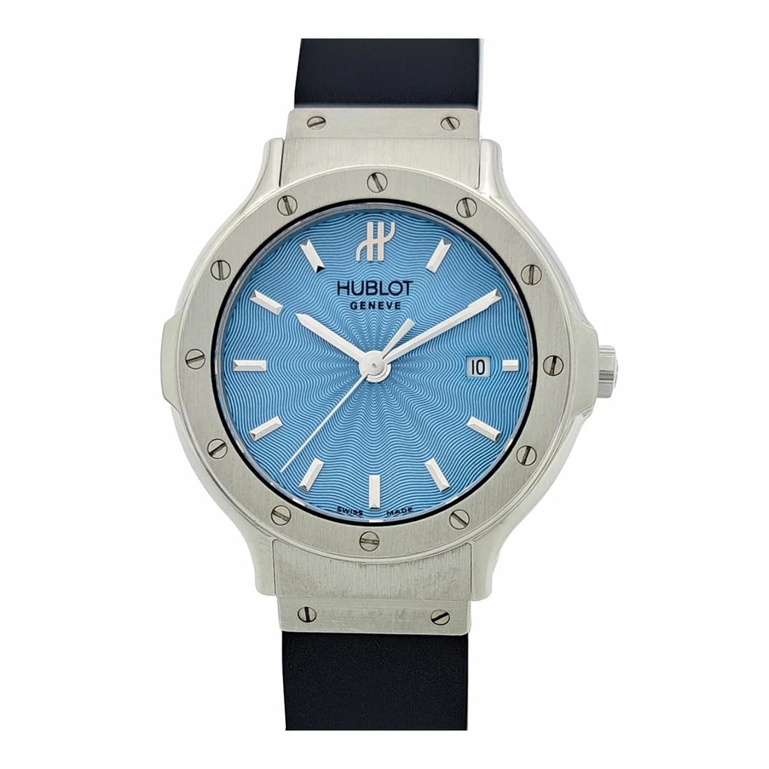 HUBLOT MDM CLASSIC LADY QUARTZ WATCH: HUBLOT MDM Classic Lady Quartz Watch Brand: Hublot Type: Wristwatch Material: stainless steel Color: Dial color blue Size: Case approximately 28mm Arm circumference: approx. 15.5cm - approx. 19.5cm