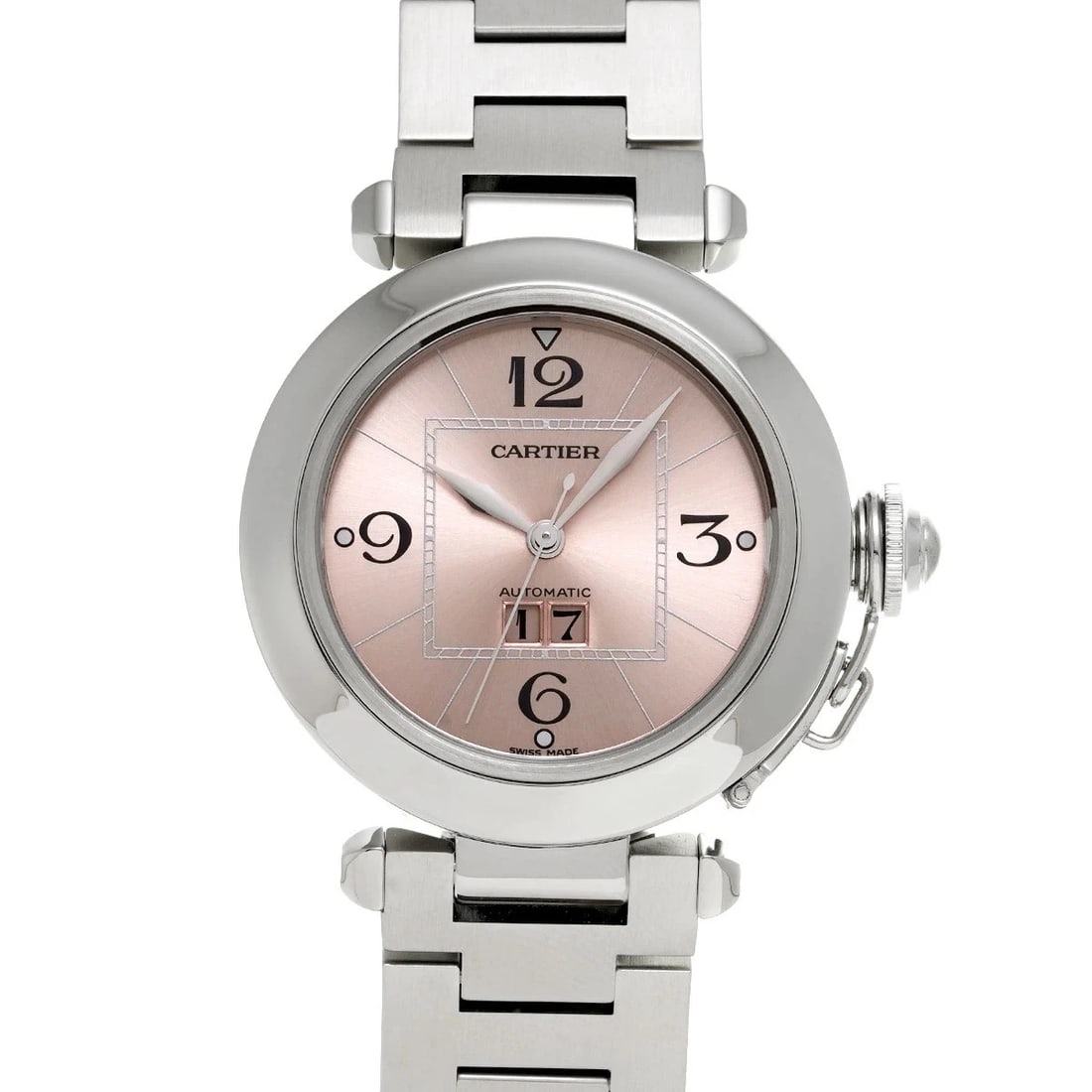 CARTIER PASHA BIG DATE PINK UNISEX WATCH: Cartier Pasha Big Date Pink Unisex Watch Brand: Cartier Type: Wristwatch Material: stainless steel Color: Dial color pink Size: Case length/approx. 35mm width/approx. 35mm Thickness/approx. 10mm Arm c