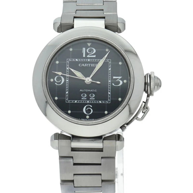 CARTIER PASHA BIG DATE SS WATCH BLACK WATCH: Cartier Pasha Big Date SS Watch Black Watch Brand: Cartier Type: Wristwatch Material: stainless steel Color: Dial color black Size: Case diameter (H) approx. 35mm Case diameter (W) approx. 35mm Arm ci