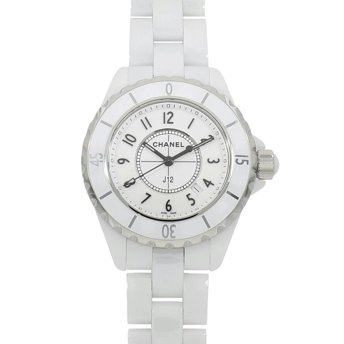 CHANEL J12 WHITE CERAMIC UNISEX WATCH: Chanel J12 White Ceramic Unisex Watch Brand: CHANEL Type: Wristwatch Material: Ceramic Color: Dial color white Size: Belt inner circumference: approx. 16.5cm Case Width 28.5mm x Height 28.5mm x Thickn