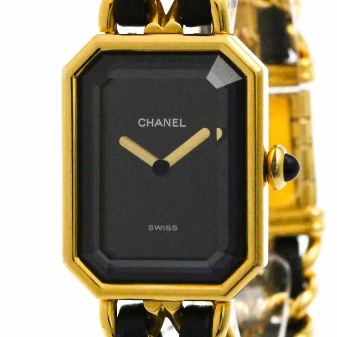CHANEL PREMIERE GOLD PLATED LEATHER QUARTZ WATCH: CHANEL Premiere Gold Plated Leather Quartz Watch Brand: CHANEL Type: Wristwatch Material: GP/leather Color: Dial color black Size: [Case width]: 20mm / 0.79'' Accessories: None Accessories