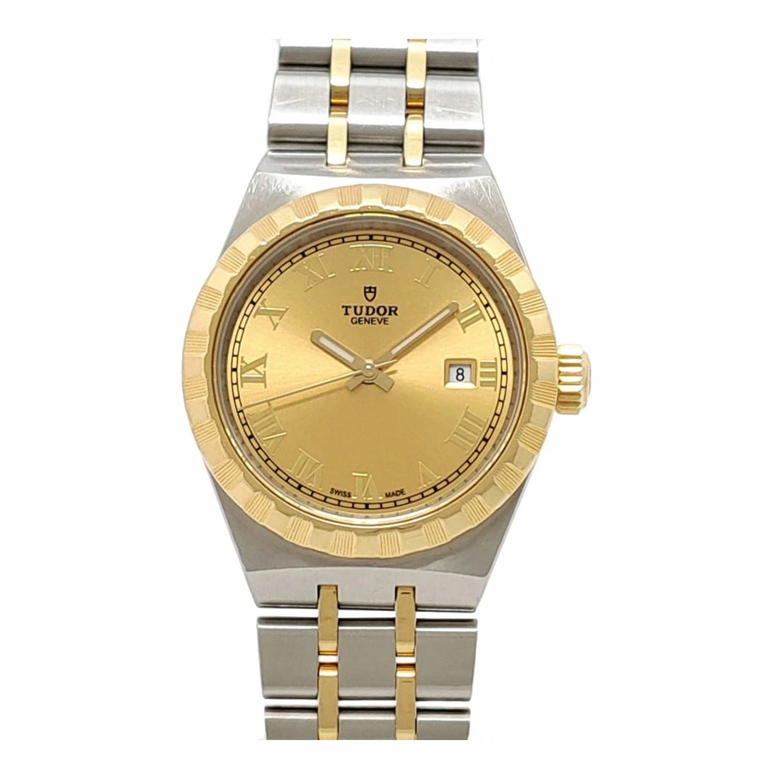 TUDOR ROYAL DATE AUTOMATIC STAINLESS STEEL YELLOW GOLD WATCH: TUDOR Royal Date Automatic Stainless Steel Yellow Gold Watch Brand: TUDOR Type: Wristwatch Material: ss/YG Color: Dial color champagne Size: Case approximately 28mm Arm circumference approx. 15cm