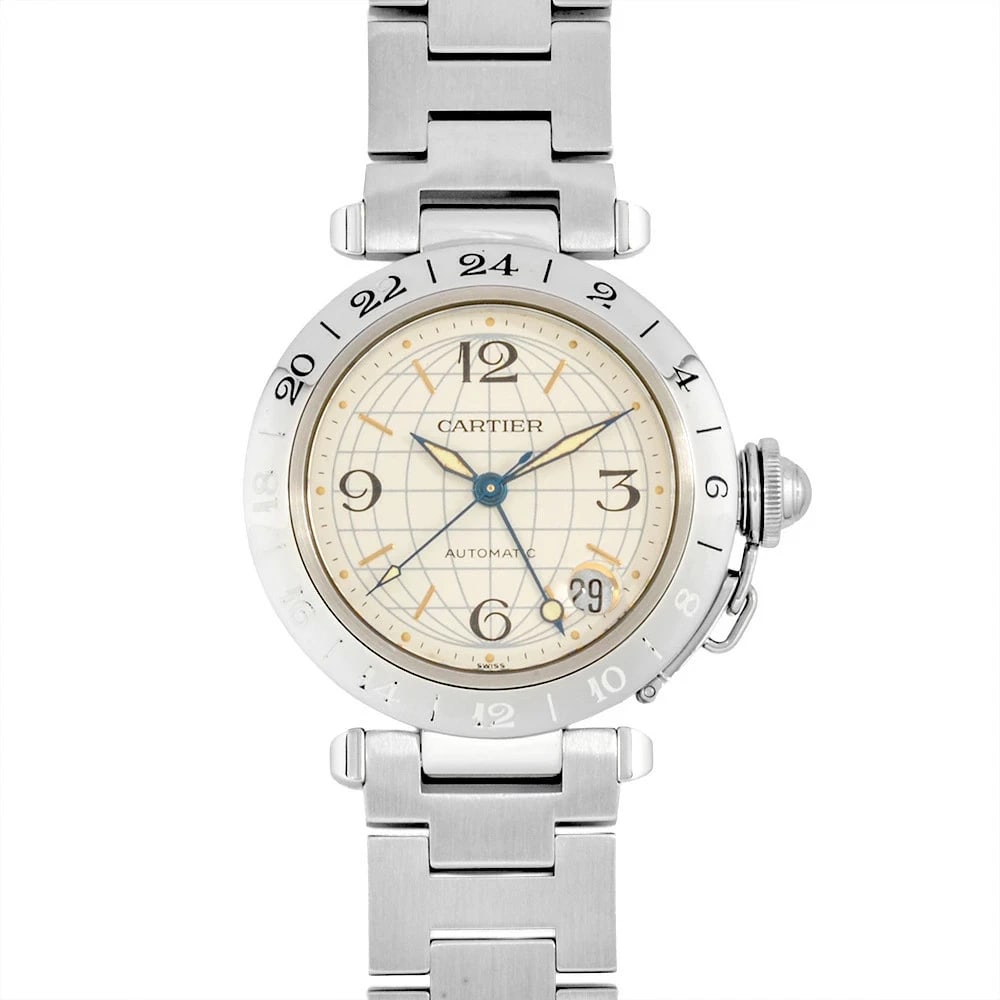 CARTIER PASHA MERIDIAN GMT AUTOMATIC SILVER WATCH: Cartier Pasha Meridian GMT Automatic Silver Watch Brand: Cartier Type: Wristwatch Material: ss Color: Dial color Silver Size: Case Diameter: 35mm Accessories: None Accessories Notice: When
