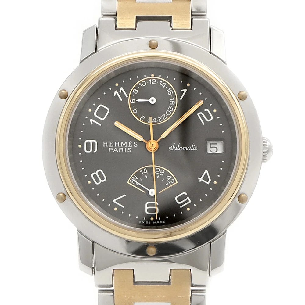 HERMES CLIPPER POWER RESERVE GMT AUTOMATIC GRAY WATCH: HERMES Clipper Power Reserve GMT Automatic Gray Watch Brand: HERMES Type: Wristwatch Material: ss YG Color: Dial color gray Size: Case Diameter Approximately 36 mm (excluding crown)Arm Circumference M