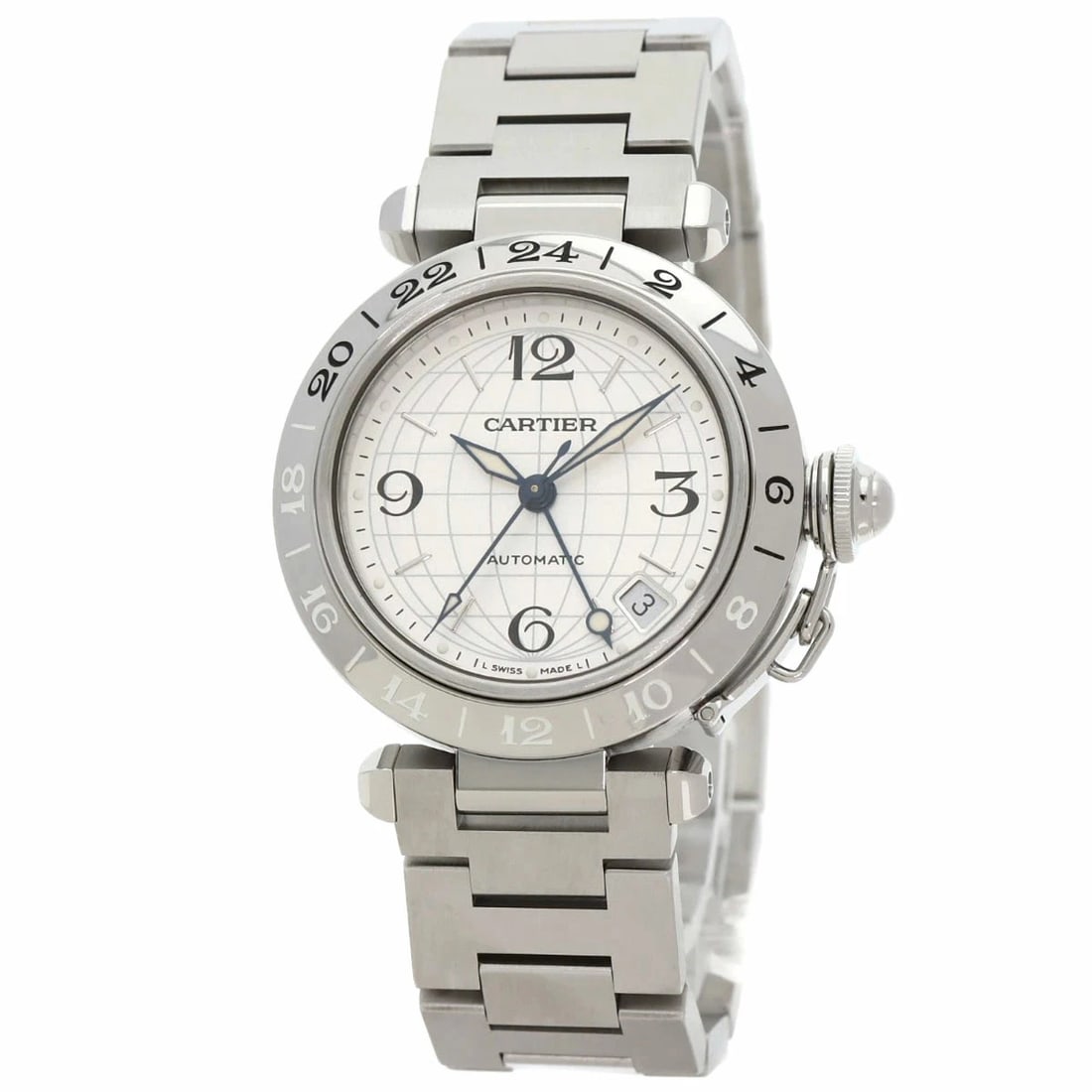 CARTIER PASHA MERIDIAN GMT WATCH BOYS WATCH: Cartier Pasha Meridian GMT Watch Boys Watch Brand: Cartier Type: Wristwatch Material: ss Color: Dial color silver Size: 35mm in case diameter. Accessories: None Accessories Notice: When purchasing