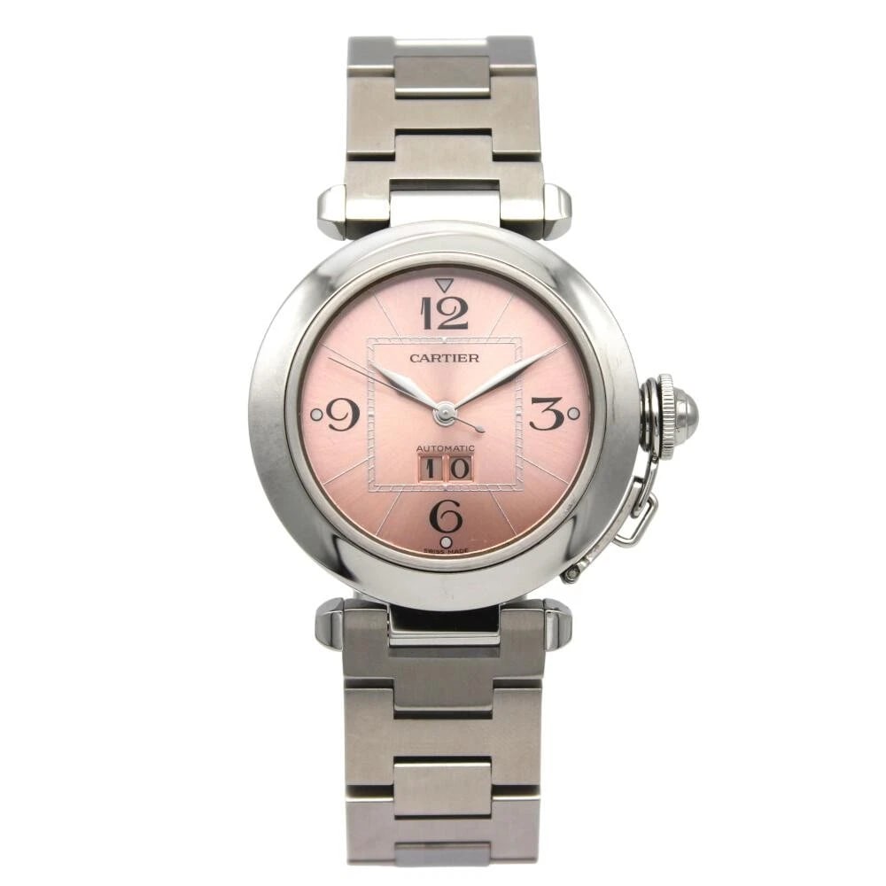 CARTIER PASHA BIG DATE STAINLESS STEEL WATCH: Cartier Pasha Big Date Stainless Steel Watch Brand: Cartier Type: Wristwatch Material: ss Color: Dial color pink Size: Case: 35mm (excluding crown) Arm circumference: 18cm (belt) Accessories: None