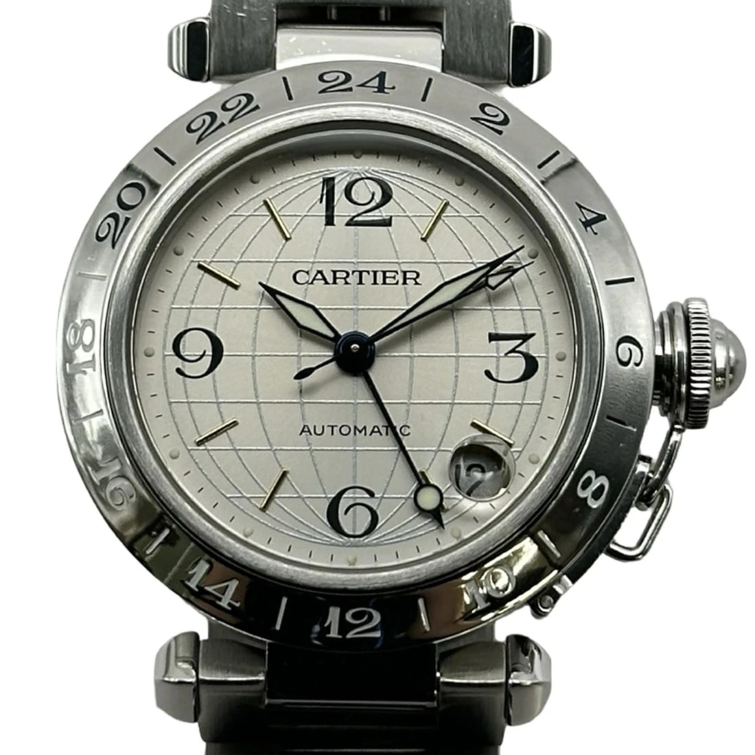 CARTIER PASHA MERIDIAN GMT SILVER AUTOMATIC WATCH: Cartier Pasha Meridian GMT Silver Automatic Watch Brand: Cartier Type: Wristwatch Material: ss Color: Dial color white Size: Arm circumference: approx. 15.5cm Case approx. 35mm Accessories: None <