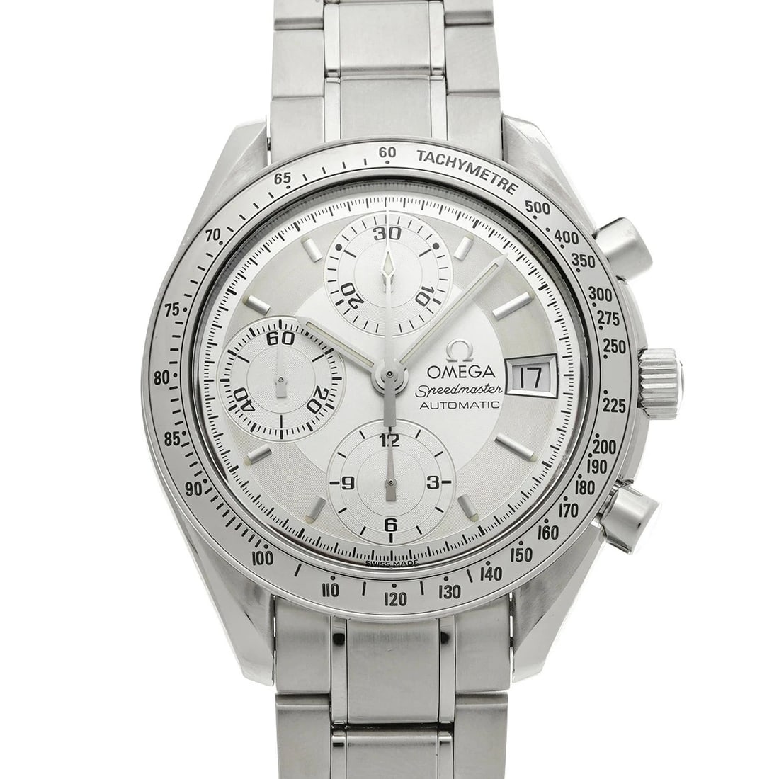 OMEGA SPEEDMASTER DATE SILVER WATCH: OMEGA Speedmaster Date Silver Watch Brand: OMEGA Type: Wristwatch Material: ss Color: Dial color silver Size: Case length/approx. 39mm width/approx. 39mm Accessories: None Accessories Notice: When