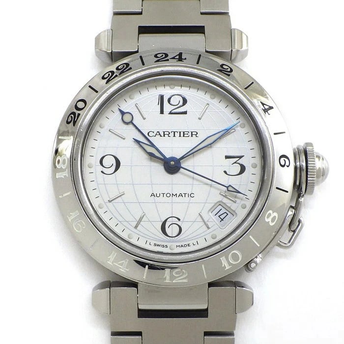 CARTIER PASHA MERIDIAN GMT DATE SILVER DIAL AUTOMATIC WATCH: Cartier Pasha Meridian GMT Date Silver Dial Automatic Watch Brand: Cartier Type: Wristwatch Material: ss Color: Dial color silver Size: Case Case diameter approx. 35.5mm Accessories: None Accessories