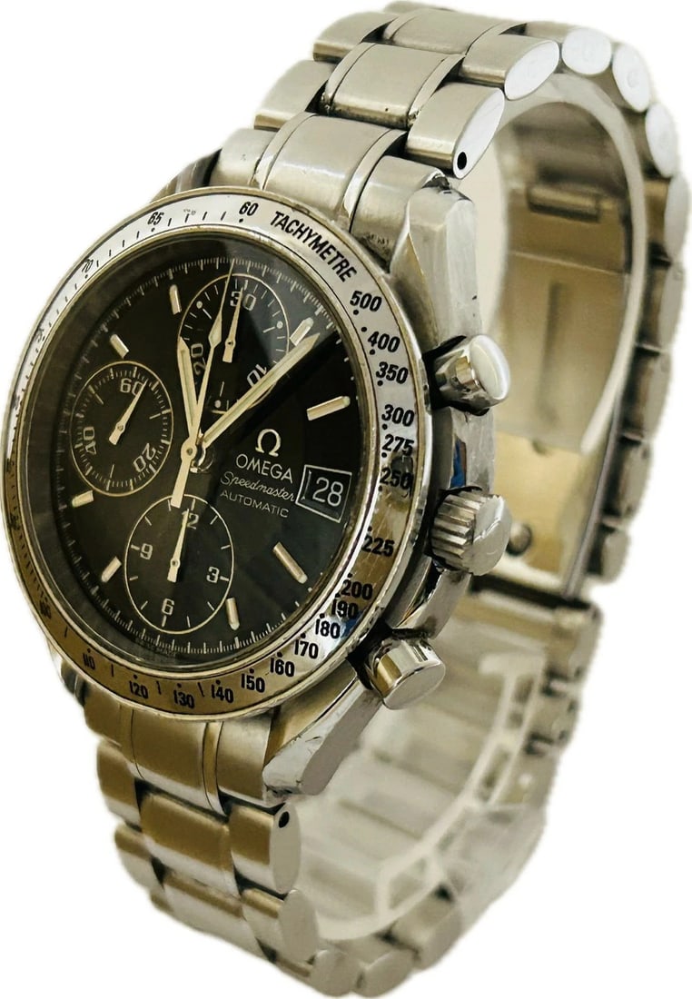 OMEGA SPEEDMASTER DATE WATCH AUTOMATIC BLACK WATCH: Omega Speedmaster Date Watch Automatic Black Watch Brand: OMEGA Type: Wristwatch Material: ss Color: Dial color silver black Size: Case (w) 39mm -Arm circumference approx. 18cm Accessories: None