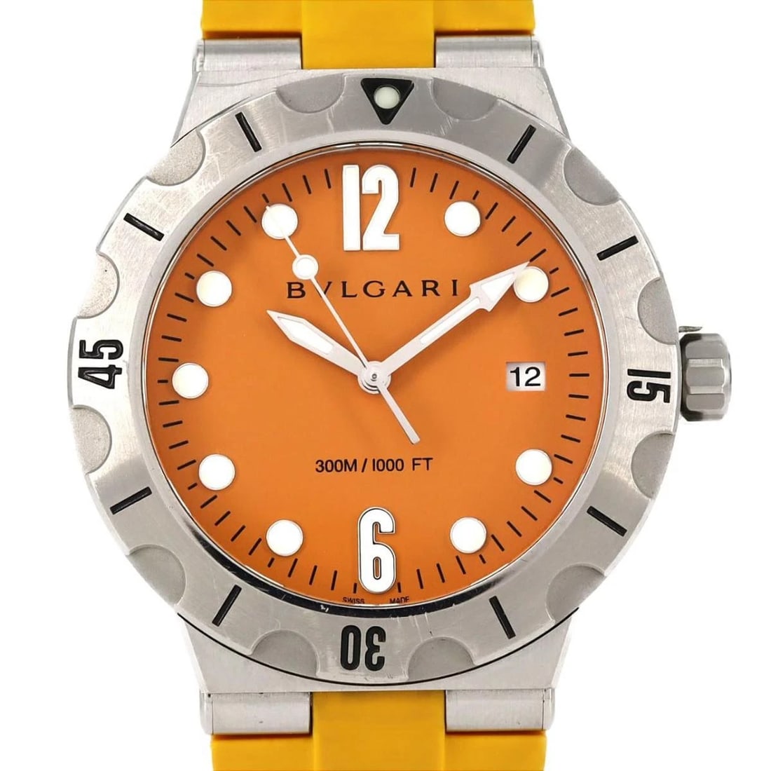 BVLGARI DIAGONO SCUBA AUTOMATIC WATCH: BVLGARI Diagono Scuba Automatic Watch Brand: BVLGARI Type: Wristwatch Material: Material: Case: Stainless Steel Bracelet: Rubber Color: Dial color Color: Dial color: Orange Band color: Yellow Size: Ca