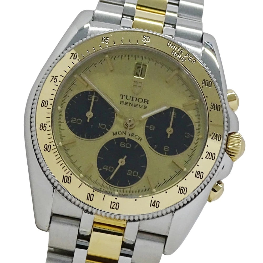 TUDOR MONARCH CHRONOGRAPH QUARTZ WATCH: TUDOR Monarch Chronograph Quartz Watch Brand: TUDOR Type: Wristwatch Material: ss Color: Dial color gold Size: Measurements Arm circumference: approx. 17.5cm Case width: approx. 35.0mm (excluding