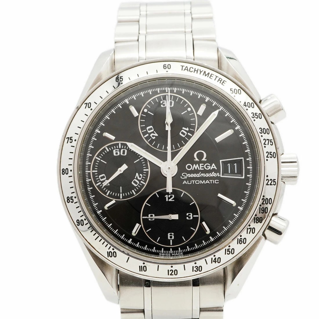 OMEGA SPEEDMASTER BLACK DIAL WATCH: Omega Speedmaster Black Dial Watch Brand: OMEGA Type: Wristwatch Material: ss Color: Dial color black Size: case:39.0mm Arm circumference: approx. 16cm Accessories: None Accessories Notice: When