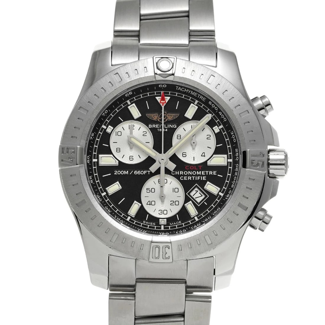 BREITLING COLT CHRONOGRAPH BLACK SILVER WATCH: BREITLING Colt Chronograph Black Silver Watch Brand: BREITLING Type: Wristwatch Material: ss Color: Dial color Black/Silver Size: Case length/approx. 44mm width/approx. 44mm Thickness/approx. 12mm Lug