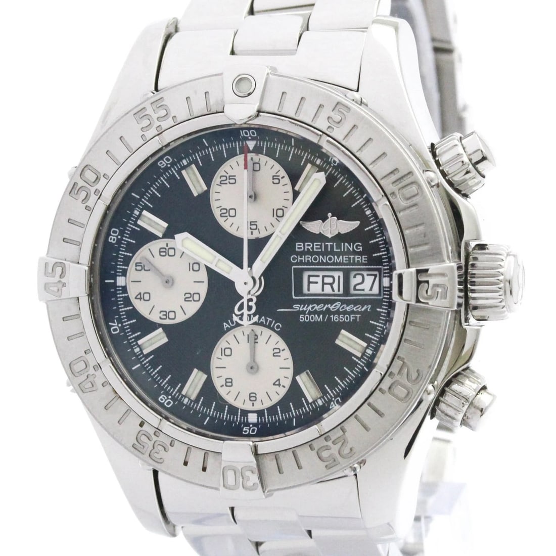 BREITLING CHRONO SUPER OCEAN STAINLESS STEEL AUTOMATIC WATCH: Breitling Chrono Super Ocean Stainless Steel Automatic Watch Brand: BREITLING Type: Wristwatch Material: ss Color: Dial color black Size: [Case width]: 42mm / 1.65'' Accessories: None Accessories