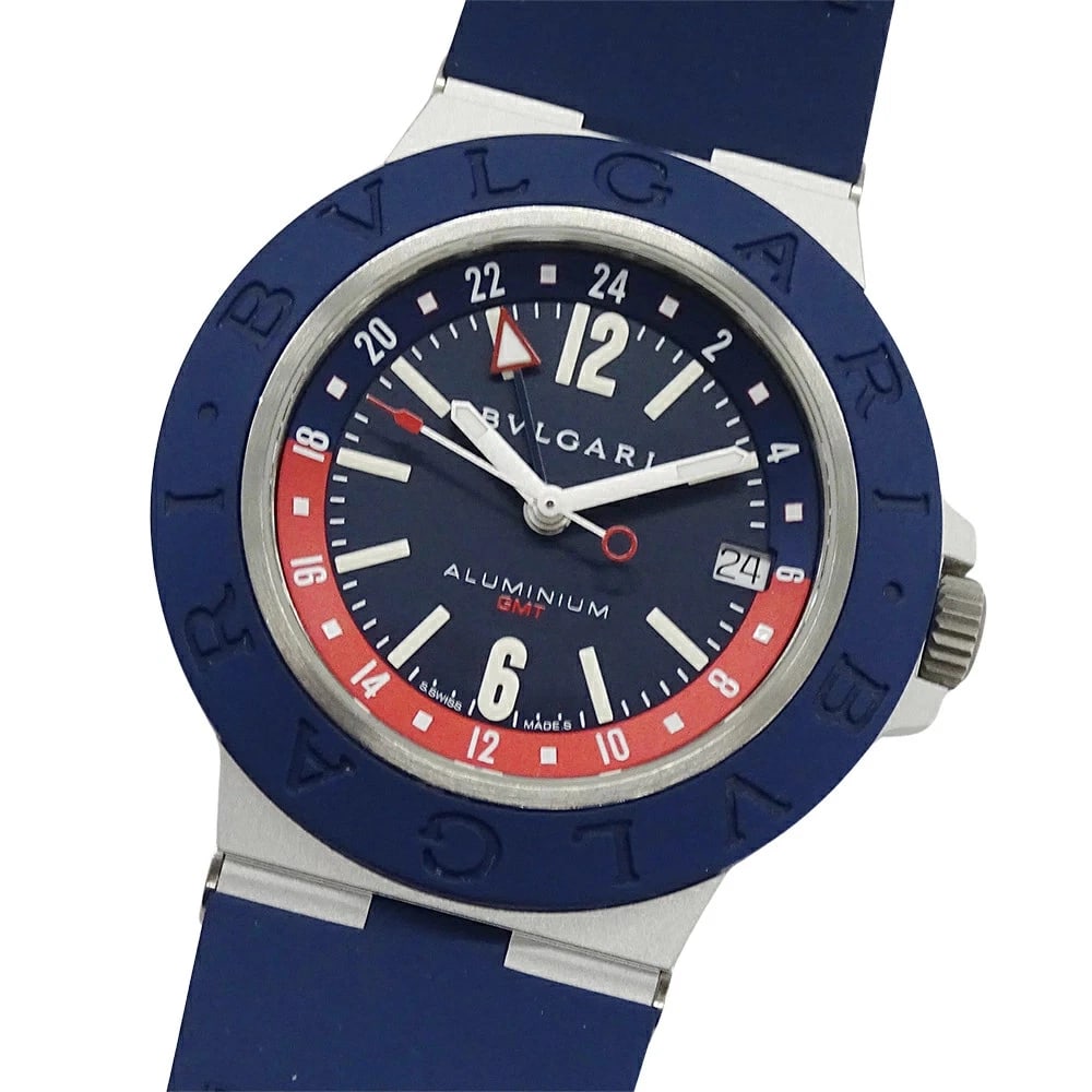 BVLGARI ALUMINUM GMT DATE AUTOMATIC WATCH: BVLGARI Aluminum GMT Date Automatic Watch Brand: BVLGARI Type: Wristwatch Material: aluminum/rubber Color: Dial color blue Size: Arm circumference: approx. 18.5-23cm Case width: approx. 40.0mm
