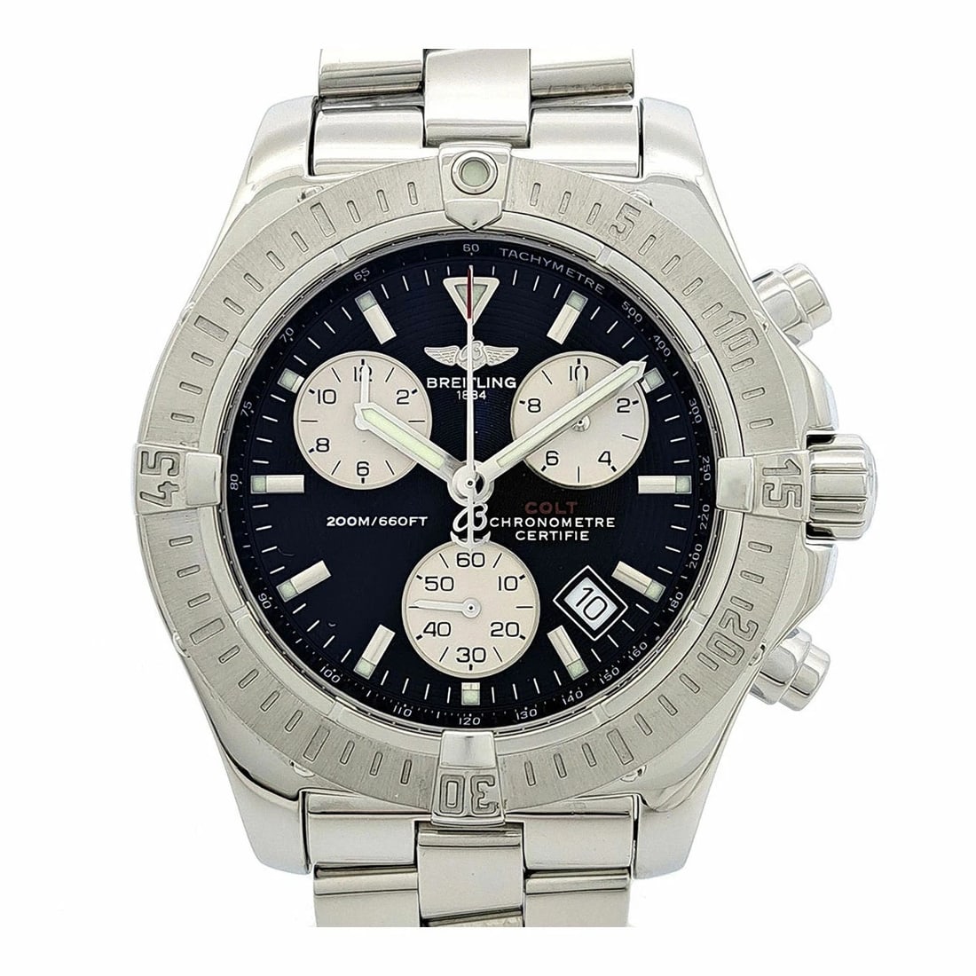 BREITLING COLT CHRONOGRAPH QUARTZ WATCH BLACK WATCH: Breitling Colt Chronograph Quartz Watch Black Watch Brand: BREITLING Type: Wristwatch Material: ss Color: Dial color black Size: Case approximately 41mm Arm circumference approx. 20cm Accessories: