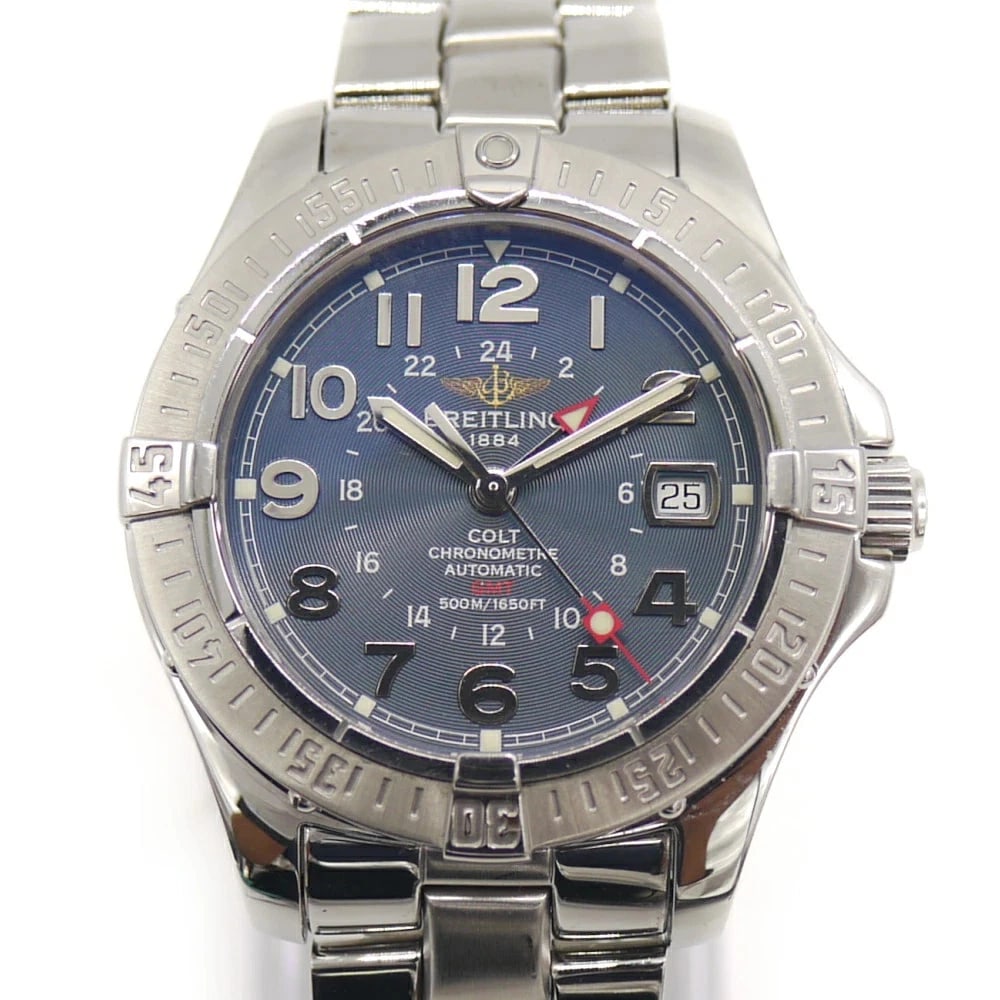 BREITLING COLT GMT AUTOMATIC CHRONOMETER BLUE DIAL WATCH: BREITLING Colt GMT Automatic Chronometer Blue Dial Watch Brand: BREITLING Type: Wristwatch Material: ss Color: Dial color blue Size: Case Width approx. 40mm (excluding crown)Case thickness: approx. 13