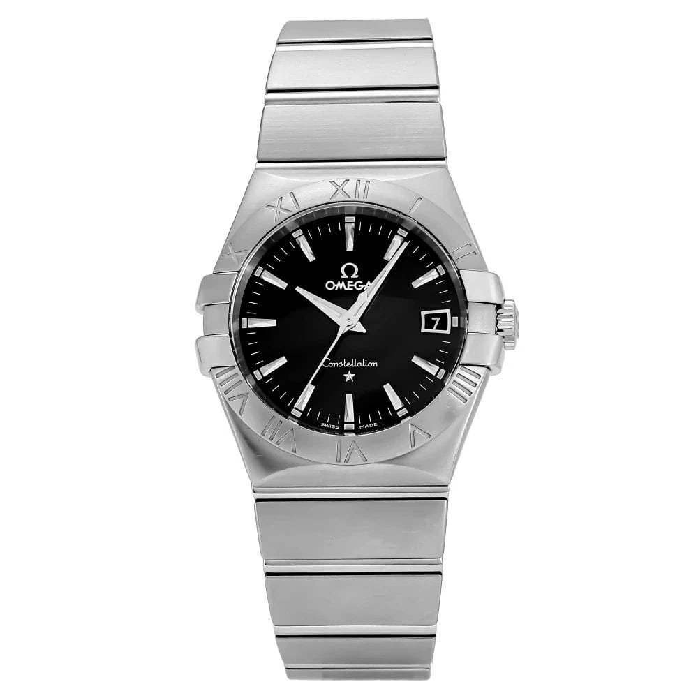OMEGA CONSTELLATION BLACK DIAL WATCH: Omega Constellation Black Dial Watch Brand: OMEGA Type: Wristwatch Material: ss Color: Dial color black Size: Case 35.0mm Bracelet 19.5cm Accessories: None Accessories Notice: When purchasing