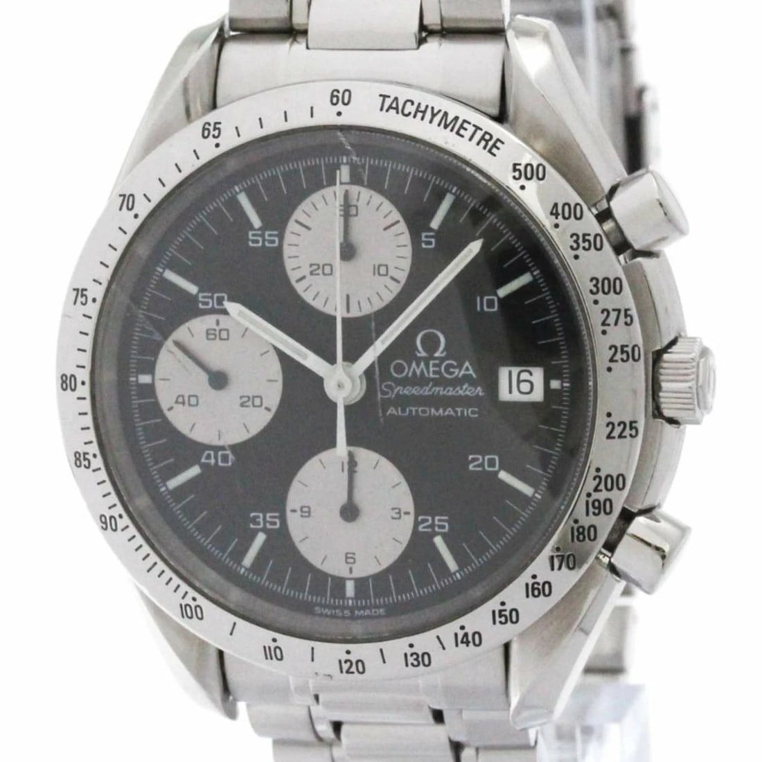 OMEGA SPEEDMASTER DATE AUTOMATIC WATCH: OMEGA Speedmaster Date Automatic Watch Brand: OMEGA Type: Wristwatch Material: ss Color: Dial color black Size: [Case width]: 39mm / 1.54'' Accessories: None Accessories Notice: When purchasing