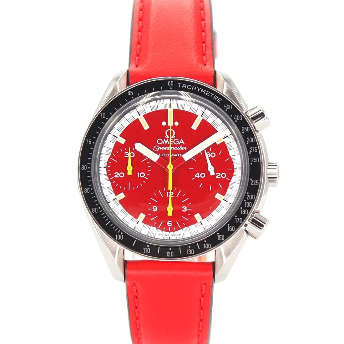 OMEGA SPEEDMASTER RACING SCHUMACHER AUTOMATIC WATCH RED WATCH: Omega Speedmaster Racing Schumacher Automatic Watch Red Watch Brand: OMEGA Type: Wristwatch Material: ss leather Color: Dial color red Size: Case: 39mm Accessories: None Accessories Notice: When