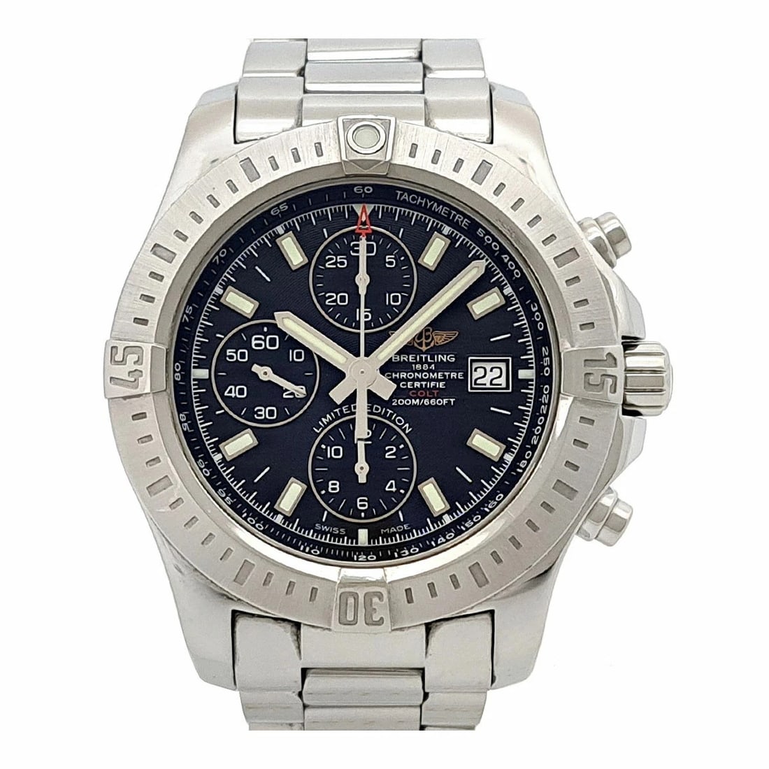 BREITLING COLT CHRONOGRAPH AUTOMATIC WATCH: Breitling Colt Chronograph Automatic Watch Brand: BREITLING Type: Wristwatch Material: SS Color: Dial color black Size: Case approximately 44mm Arm circumference approx. 16cm Accessories: None