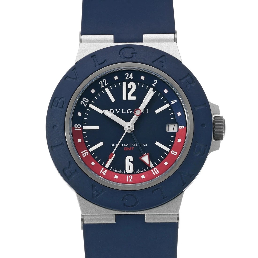 BVLGARI ALUMINUM GMT BLUE WATCH AUTOMATIC WATCH: BVLGARI Aluminum GMT Blue Watch Automatic Watch Brand: BVLGARI Type: Wristwatch Material: Aluminum/Titanium rubber Color: Dial color blue Size: Case length/approx. 40mm width/approx. 40mm Arm