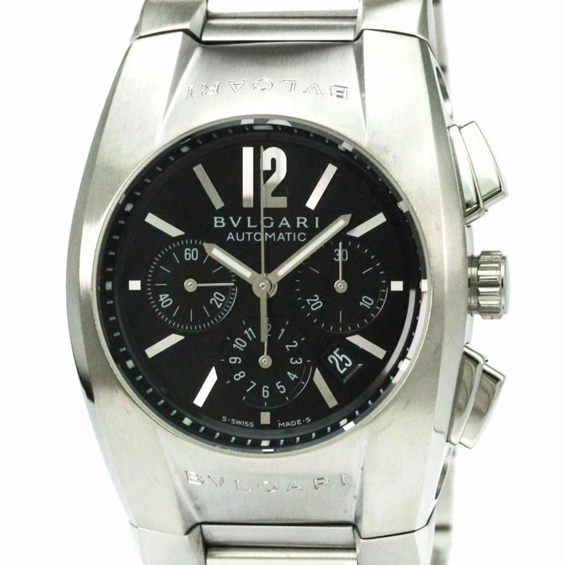 BVLGARI ERGON CHRONOGRAPH STAINLESS STEEL AUTOMATIC WATCH: BVLGARI Ergon Chronograph Stainless Steel Automatic Watch Brand: BVLGARI Type: Wristwatch Material: ss Color: Dial color black Size: [Case width]: 35mm / 1.38'' Accessories: None Accessories Notice: