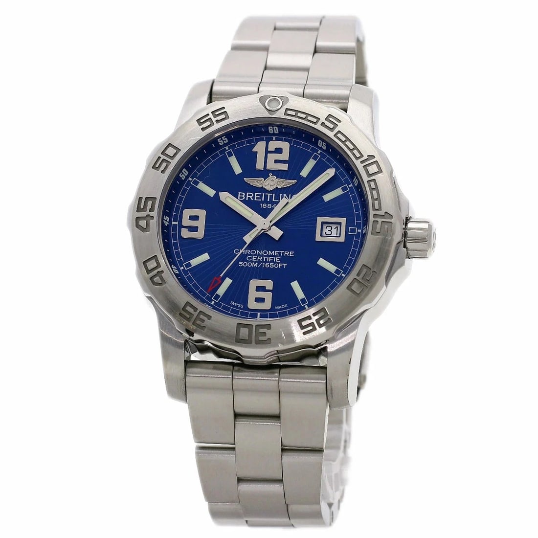 BREITLING COLT WATCH SILVER WATCH: Breitling Colt Watch Silver Watch Brand: BREITLING Type: Wristwatch Material: ss Color: Dial color blue Size: Case Diameter: 44 mm Accessories: None Accessories Notice: When purchasing pre-owned