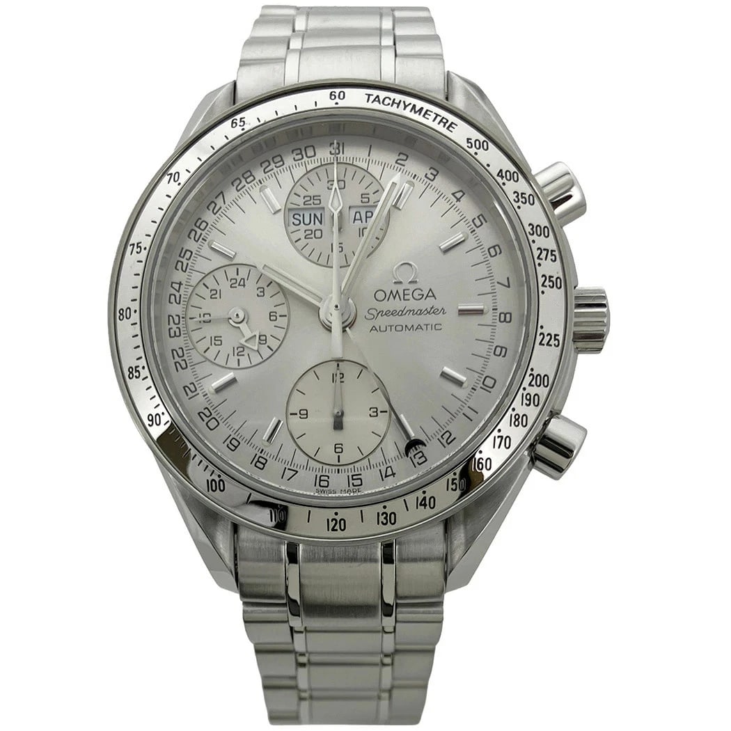 OMEGA SPEEDMASTER TRIPLE CALENDAR AUTOMATIC WATCH: Omega Speedmaster Triple Calendar Automatic Watch Brand: OMEGA Type: Wristwatch Material: ss Color: Dial color black Size: Case: Width approx. 39.5mm Arm circumference: approx. 20.5cm Accessories: