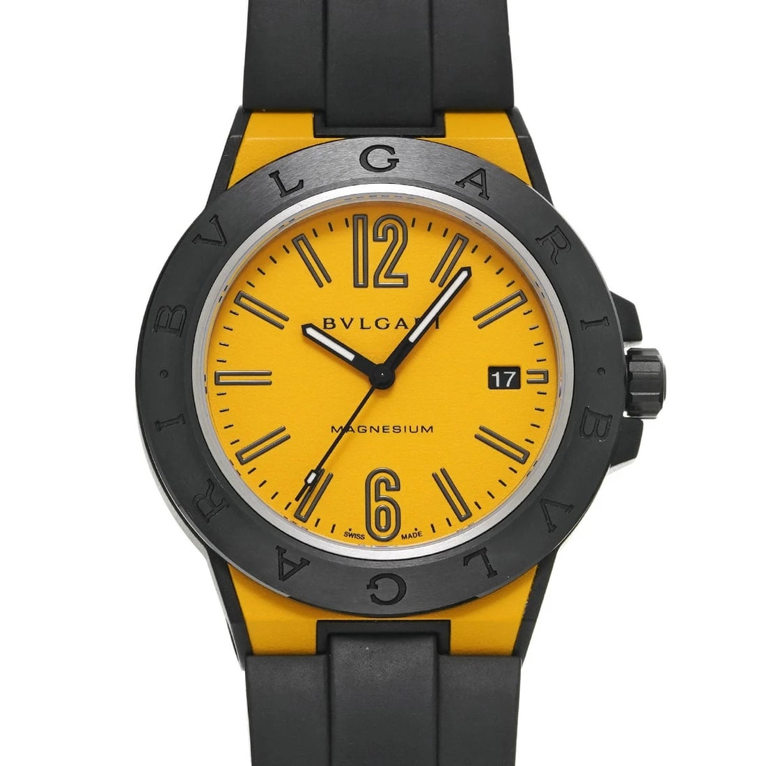 BVLGARI DIAGONO MAGNESIUM AUTOMATIC YELLOW WATCH: BVLGARI Diagono Magnesium Automatic Yellow Watch Brand: BVLGARI Type: Wristwatch Material: megnisium rubber Color: Dial color yellow Size: Case length/approx. 41mm width/approx. 41mm Arm