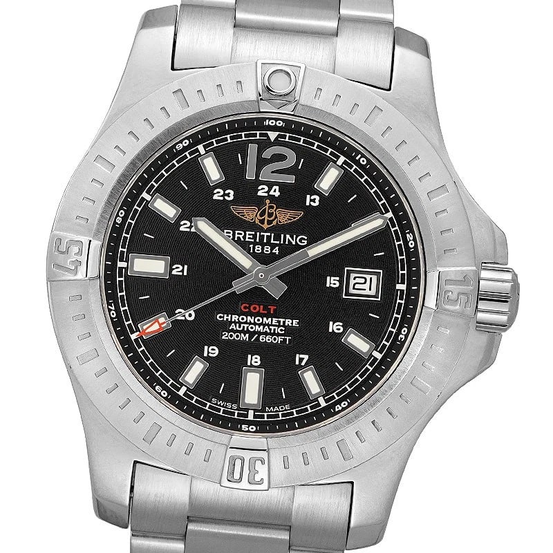 BREITLING COLT AUTOMATIC WATCH: BREITLING Colt Automatic Watch Brand: BREITLING Type: Wristwatch Material: ss Color: Dial color black Size: Case Approximately 44mm Arm circumference: Approximately 18cm Accessories: None Accessories