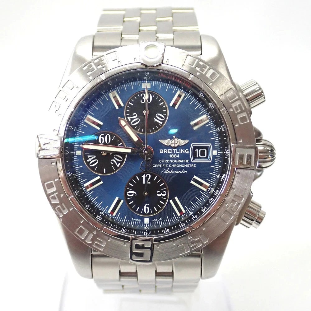 BREITLING GALACTIC CHRONOGRAPH BLUE DIAL WATCH: Breitling Galactic Chronograph Blue Dial Watch Brand: BREITLING Type: Wristwatch Material: blue Color: Dial color ss Size: case: approx. 44mm Accessories: None Accessories Notice: When purchasing