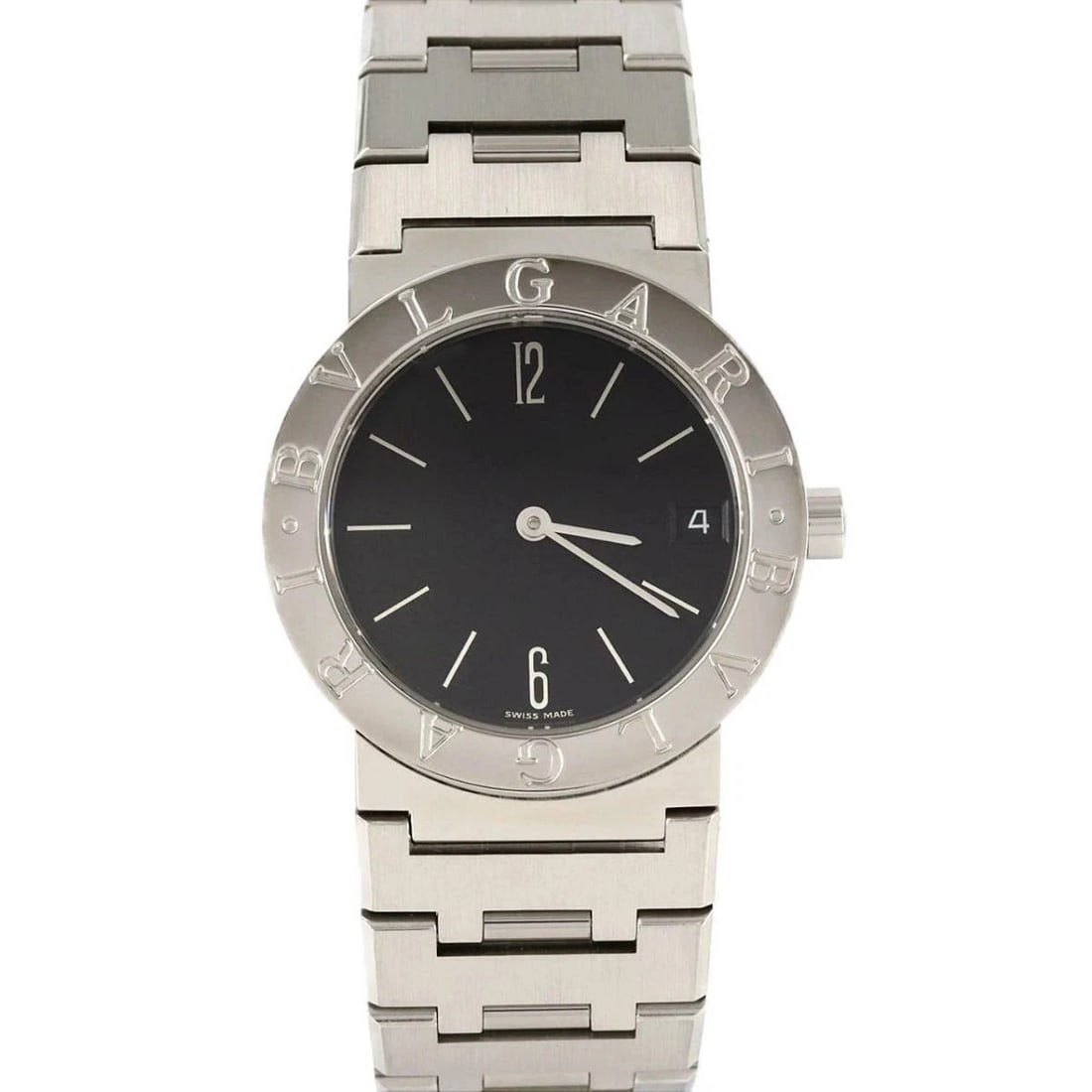 BVLGARI QUARTZ WATCH: BVLGARI Quartz Watch Brand: BVLGARI Type: Wristwatch Material: Case: Stainless Steel Bracelet: Stainless Steel Color: Dial color black Size: Case diameter approx.: 30mm Maximum arm circumference: 16cm