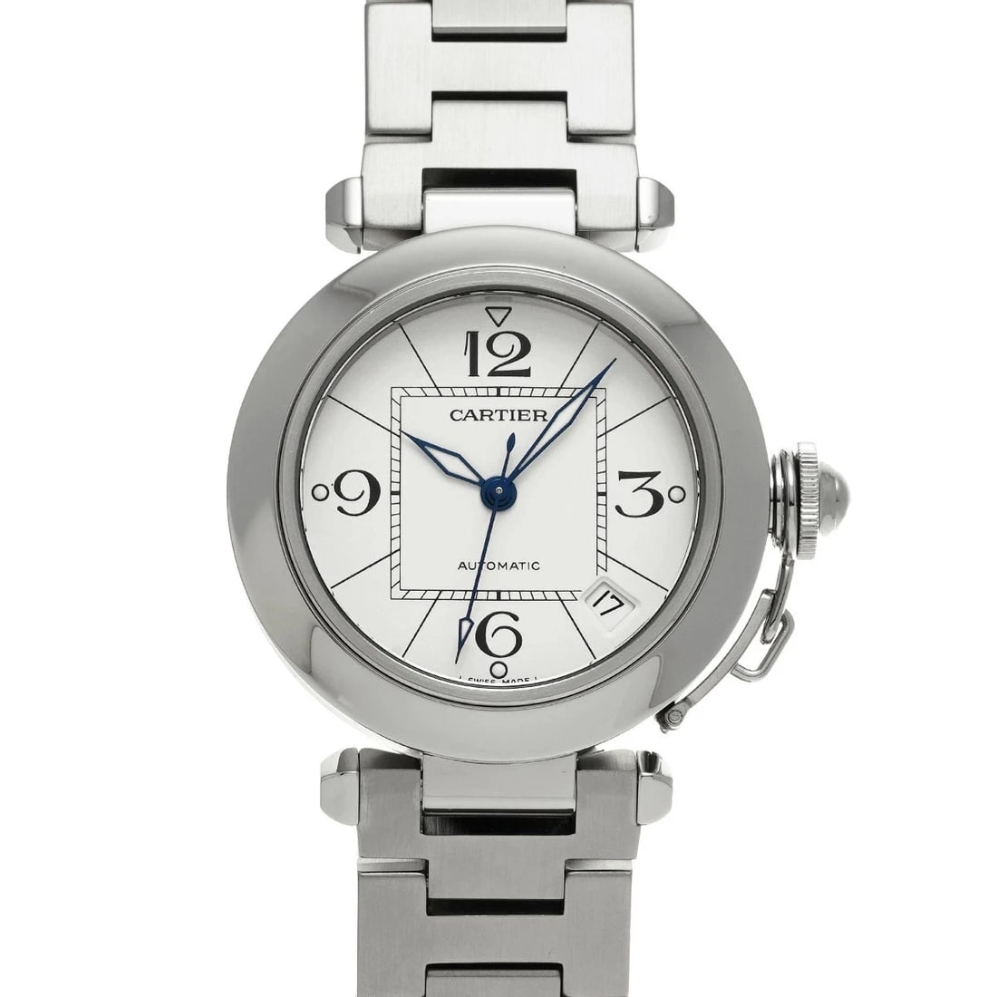 CARTIER PASHA AUTOMATIC WHITE UNISEX WATCH: Cartier Pasha Automatic White Unisex Watch Brand: Cartier Type: Wristwatch Material: Stainless Steel Color: Dial color white Size: Case length/approx. 35mm width/approx. 35mm Accessories: None