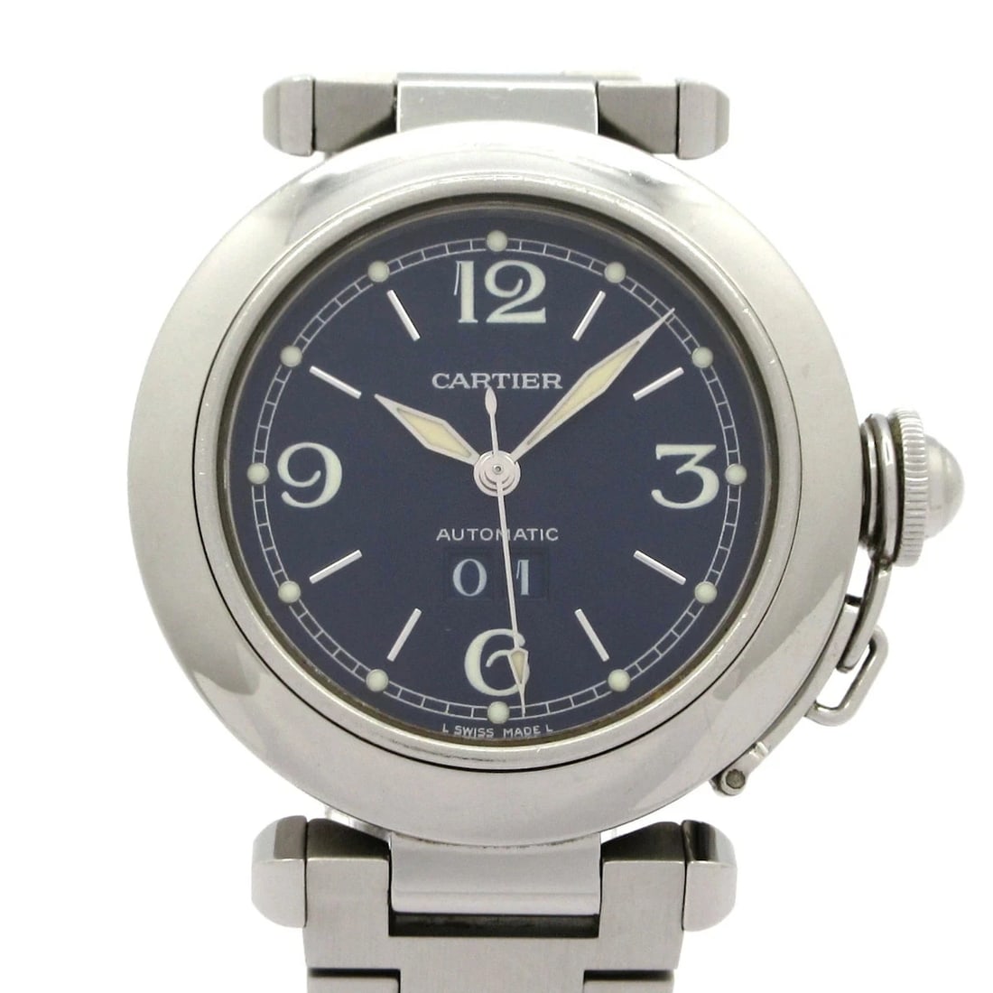 CARTIER PASHA BIG DATE WATCH DARK NAVY WATCH: Cartier Pasha Big Date Watch Dark Navy Watch Brand: Cartier Type: Wristwatch Material: Stainless Steel Color: Dial color Silver Size: Case diameter approx.: 37mm Accessories: None Accessories Notice: