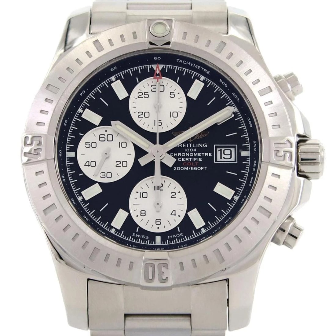 BREITLING COLT CHRONO AUTOMATIC WATCH: Breitling Colt Chrono Automatic Watch Brand: BREITLING Type: Wristwatch Material: Stainless Steel Color: Dial color Volcano black Size: Case diameter approx.: 44mm / Max arm circ.: 19cm Accessories: