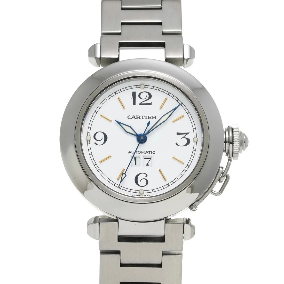CARTIER PASHA BIG DATE WHITE UNISEX WATCH AUTOMATIC WATCH: Cartier Pasha Big Date White Unisex Watch Automatic Watch Brand: Cartier Type: Wristwatch Material: Stainless Steel Color: Dial color white Size: Case length/approx. 35mm width/approx. 35mm Arm