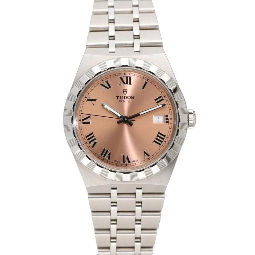 TUDOR ROYAL AUTOMATIC SALMON PINK WATCH: TUDOR Royal Automatic Salmon Pink Watch Brand: TUDOR Type: Wristwatch Material: Stainless Steel Color: Dial color pink Size: Case diameter: Approximately 38mm (excluding crown) Arm circumference: