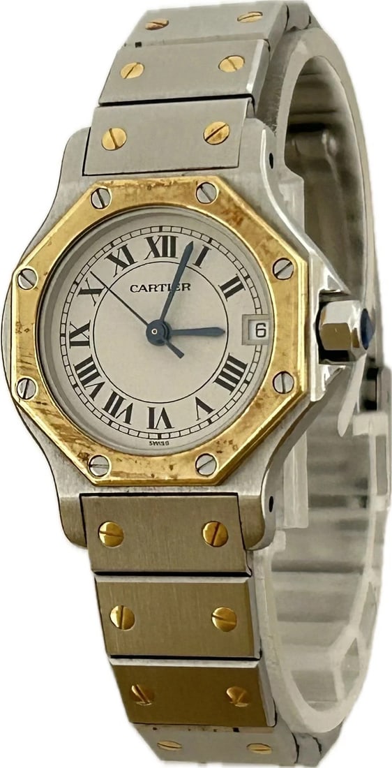 CARTIER SANTOS OCTAGON QUARTZ WOWATCH IVORY WATCH: Cartier Santos Octagon Quartz WoWatch Ivory Watch Brand: Cartier Type: Wristwatch Material: stainless steel, yellow gold Color: Dial color ivory Size: Case (w) 24mm -Arm circumference approximately