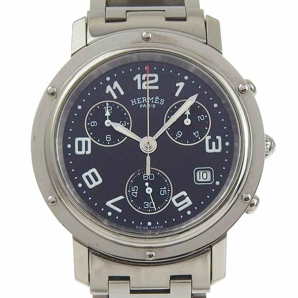 HERMES CLIPPER QUARTZ CHRONOGRAPH BLACK DIAL WATCH: Hermes Clipper Quartz Chronograph Black Dial Watch Brand: HERMES Type: Wristwatch Material: Stainless Steel Color: Dial color black Size: Case: Approximately H45mm x W38mm (including lugs, excluding