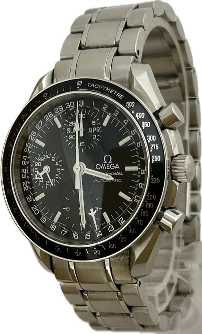 OMEGA SPEEDMASTER TRIPLE CALENDAR WATCH AUTOMATIC WATCH: Omega Speedmaster Triple Calendar Watch Automatic Watch Brand: OMEGA Type: Wristwatch Material: Stainless Steel Color: Dial color Size: Case (w) 39mm -Arm circumference approx. 18cm Accessories: N