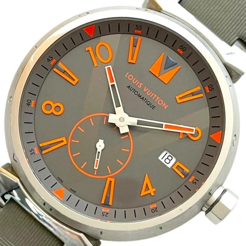 LOUIS VUITTON TAMBOUR GRAY AUTOMATIC WATCH: LOUIS VUITTON Tambour Gray Automatic Watch Brand: LOUIS VUITTON Type: Wristwatch Material: SS/Leather Color: Dial color gray Size: Arm circumference approx. 18cm Case approx. 37mm Accessories: None